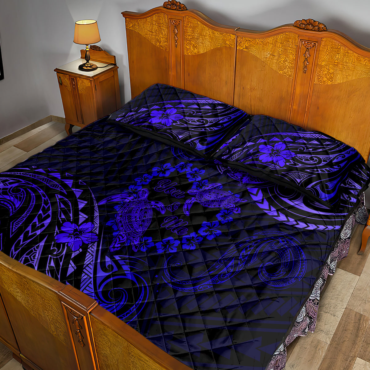 Polynesian Turtle Valentine Quilt Bed Set You And Me Navy Blue Hibiscus Heart LT01 - Polynesian Pride