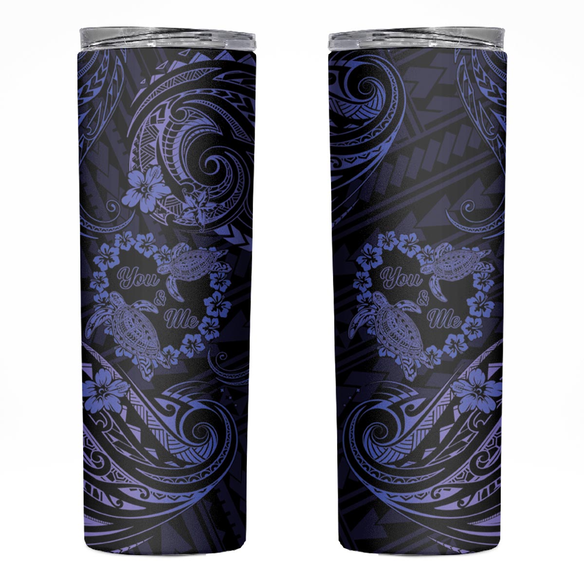 Polynesian Turtle Valentine Skinny Tumbler You And Me Navy Blue Hibiscus Heart LT01 Blue - Polynesian Pride