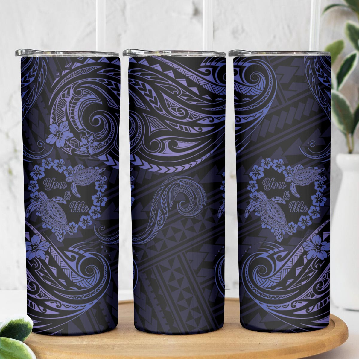 Polynesian Turtle Valentine Skinny Tumbler You And Me Navy Blue Hibiscus Heart LT01 - Polynesian Pride