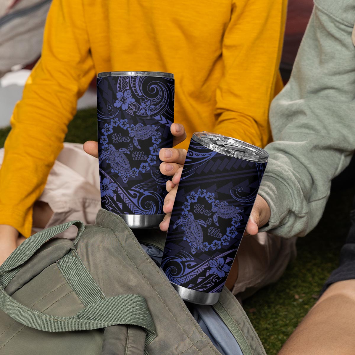 Polynesian Turtle Valentine Tumbler Cup You And Me Navy Blue Hibiscus Heart