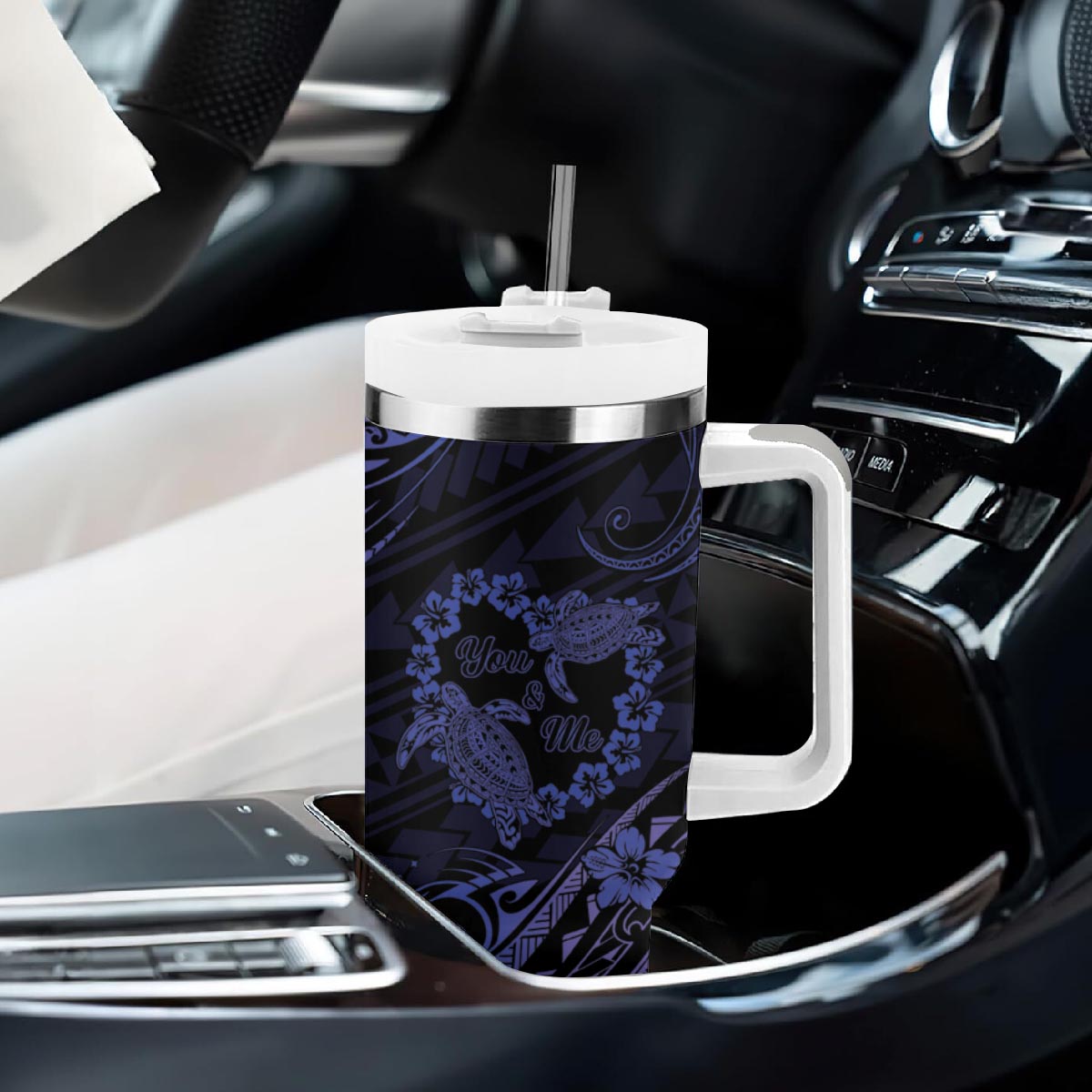 Polynesian Turtle Valentine Tumbler With Handle You And Me Navy Blue Hibiscus Heart