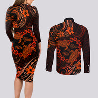 Polynesian Turtle Valentine Couples Matching Long Sleeve Bodycon Dress and Long Sleeve Button Shirt You And Me Orange Hibiscus Heart LT01 - Polynesian Pride