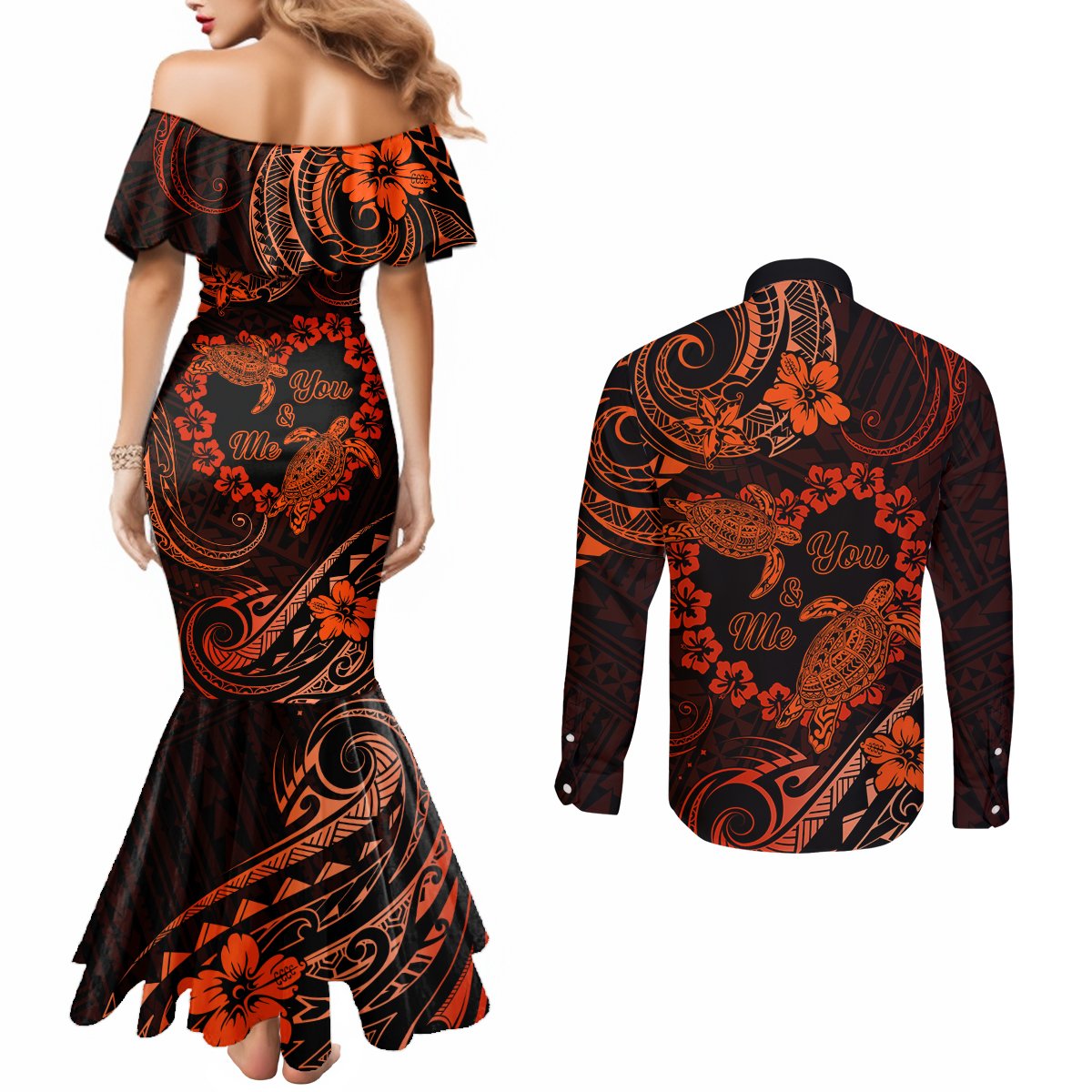 Polynesian Turtle Valentine Couples Matching Mermaid Dress and Long Sleeve Button Shirt You And Me Orange Hibiscus Heart LT01 - Polynesian Pride