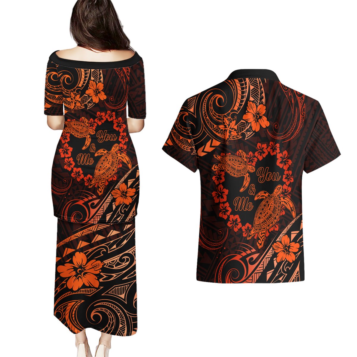 Polynesian Turtle Valentine Couples Matching Puletasi and Hawaiian Shirt You And Me Orange Hibiscus Heart LT01 - Polynesian Pride