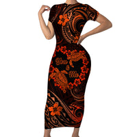 Polynesian Turtle Valentine Family Matching Short Sleeve Bodycon Dress and Hawaiian Shirt You And Me Orange Hibiscus Heart LT01 Mom's Dress Orange - Polynesian Pride