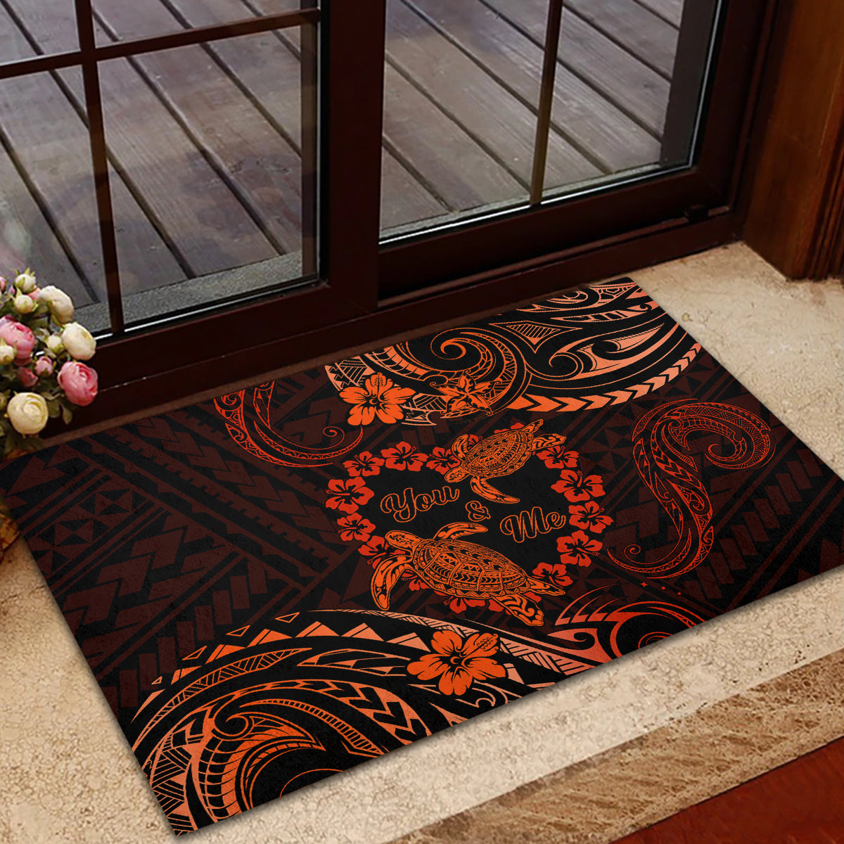 Polynesian Turtle Valentine Rubber Doormat You And Me Orange Hibiscus Heart LT01 - Polynesian Pride