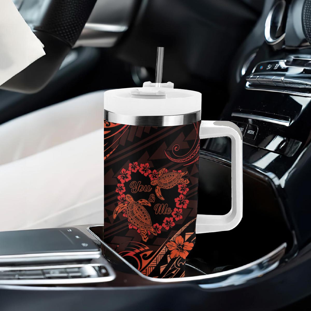 Polynesian Turtle Valentine Tumbler With Handle You And Me Orange Hibiscus Heart