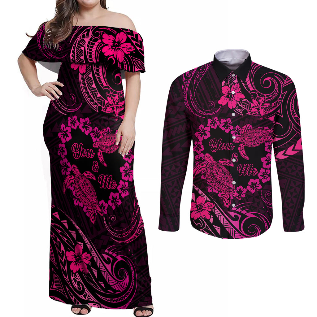 Polynesian Turtle Valentine Couples Matching Off Shoulder Maxi Dress and Long Sleeve Button Shirt You And Me Pink Hibiscus Heart LT01 Pink - Polynesian Pride