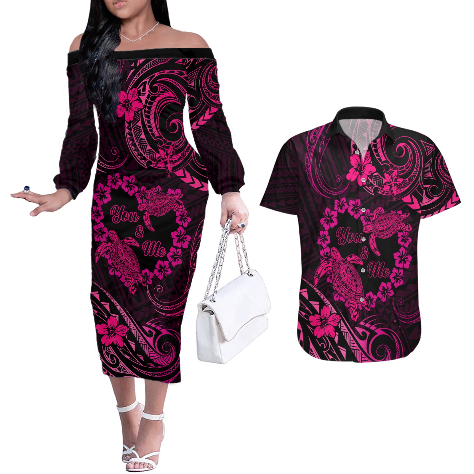 Polynesian Turtle Valentine Couples Matching Off The Shoulder Long Sleeve Dress and Hawaiian Shirt You And Me Pink Hibiscus Heart LT01 Pink - Polynesian Pride