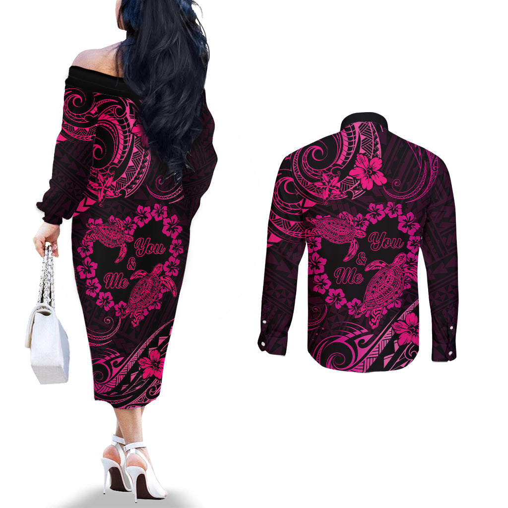 Polynesian Turtle Valentine Couples Matching Off The Shoulder Long Sleeve Dress and Long Sleeve Button Shirt You And Me Pink Hibiscus Heart LT01 - Polynesian Pride