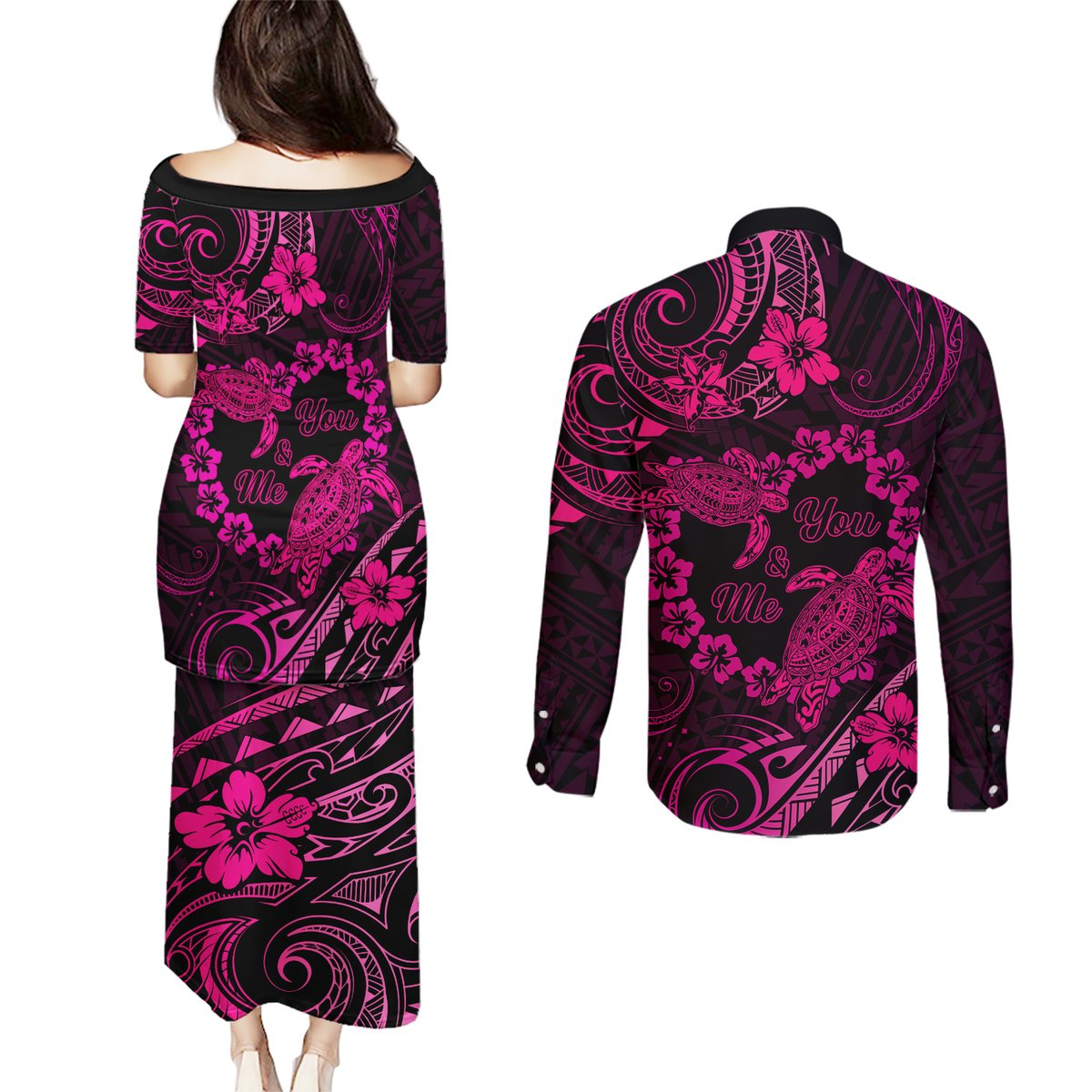 Polynesian Turtle Valentine Couples Matching Puletasi and Long Sleeve Button Shirt You And Me Pink Hibiscus Heart LT01 - Polynesian Pride