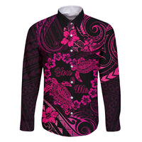 Polynesian Turtle Valentine Family Matching Mermaid Dress and Hawaiian Shirt You And Me Pink Hibiscus Heart LT01 Dad's Shirt - Long Sleeve Pink - Polynesian Pride