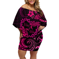 Polynesian Turtle Valentine Family Matching Off Shoulder Short Dress and Hawaiian Shirt You And Me Pink Hibiscus Heart LT01 Mom's Dress Pink - Polynesian Pride