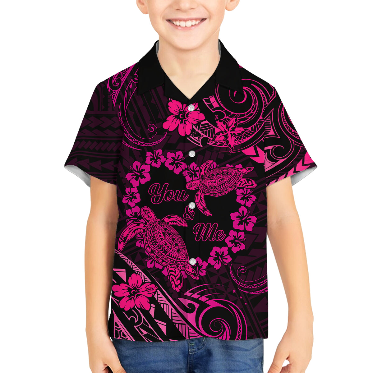 Polynesian Turtle Valentine Family Matching Off Shoulder Short Dress and Hawaiian Shirt You And Me Pink Hibiscus Heart LT01 Son's Shirt Pink - Polynesian Pride
