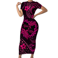 Polynesian Turtle Valentine Family Matching Short Sleeve Bodycon Dress and Hawaiian Shirt You And Me Pink Hibiscus Heart LT01 Mom's Dress Pink - Polynesian Pride