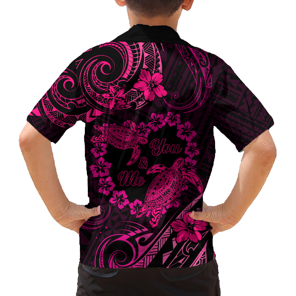Polynesian Turtle Valentine Family Matching Tank Maxi Dress and Hawaiian Shirt You And Me Pink Hibiscus Heart LT01 - Polynesian Pride