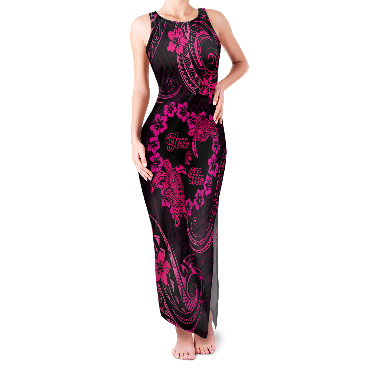 Polynesian Turtle Valentine Family Matching Tank Maxi Dress and Hawaiian Shirt You And Me Pink Hibiscus Heart LT01 Mom's Dress Pink - Polynesian Pride