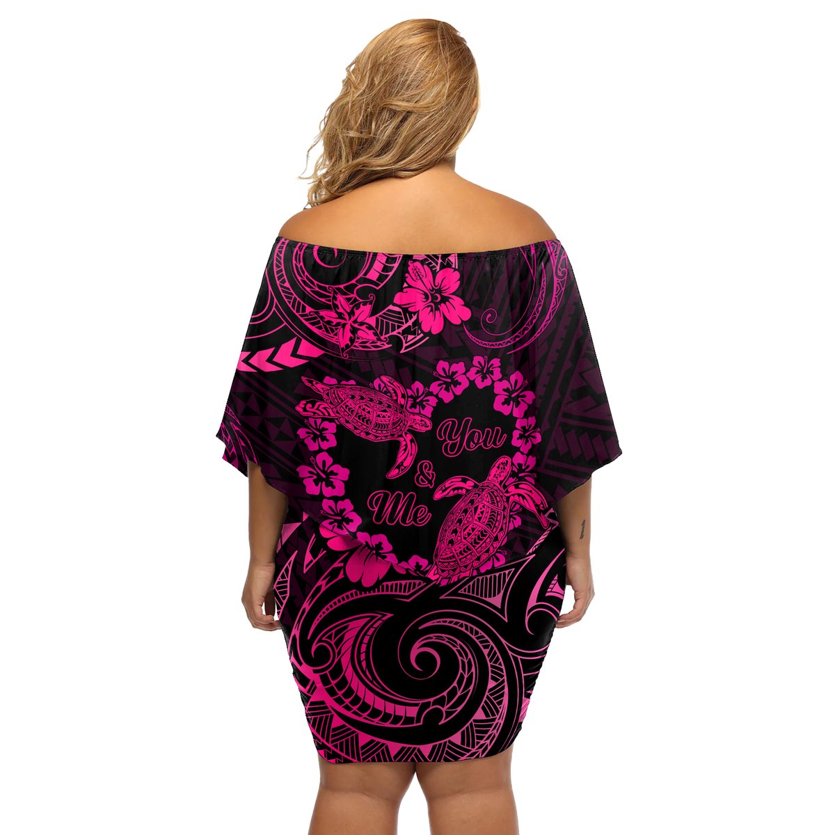 Polynesian Turtle Valentine Off Shoulder Short Dress You And Me Pink Hibiscus Heart LT01 - Polynesian Pride