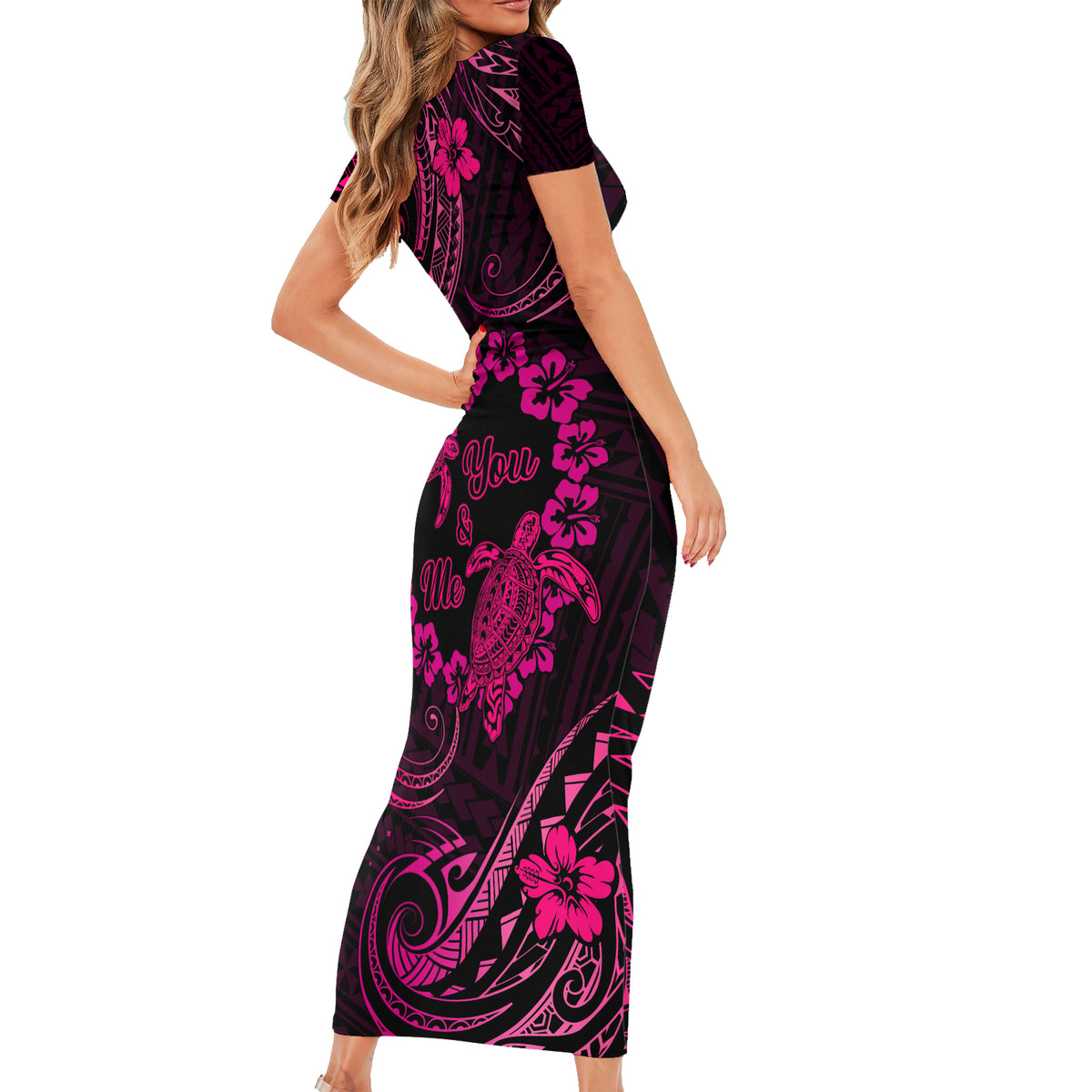 Polynesian Turtle Valentine Short Sleeve Bodycon Dress You And Me Pink Hibiscus Heart LT01 - Polynesian Pride