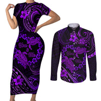 Polynesian Turtle Valentine Couples Matching Short Sleeve Bodycon Dress and Long Sleeve Button Shirt You And Me Purple Hibiscus Heart LT01 Purple - Polynesian Pride