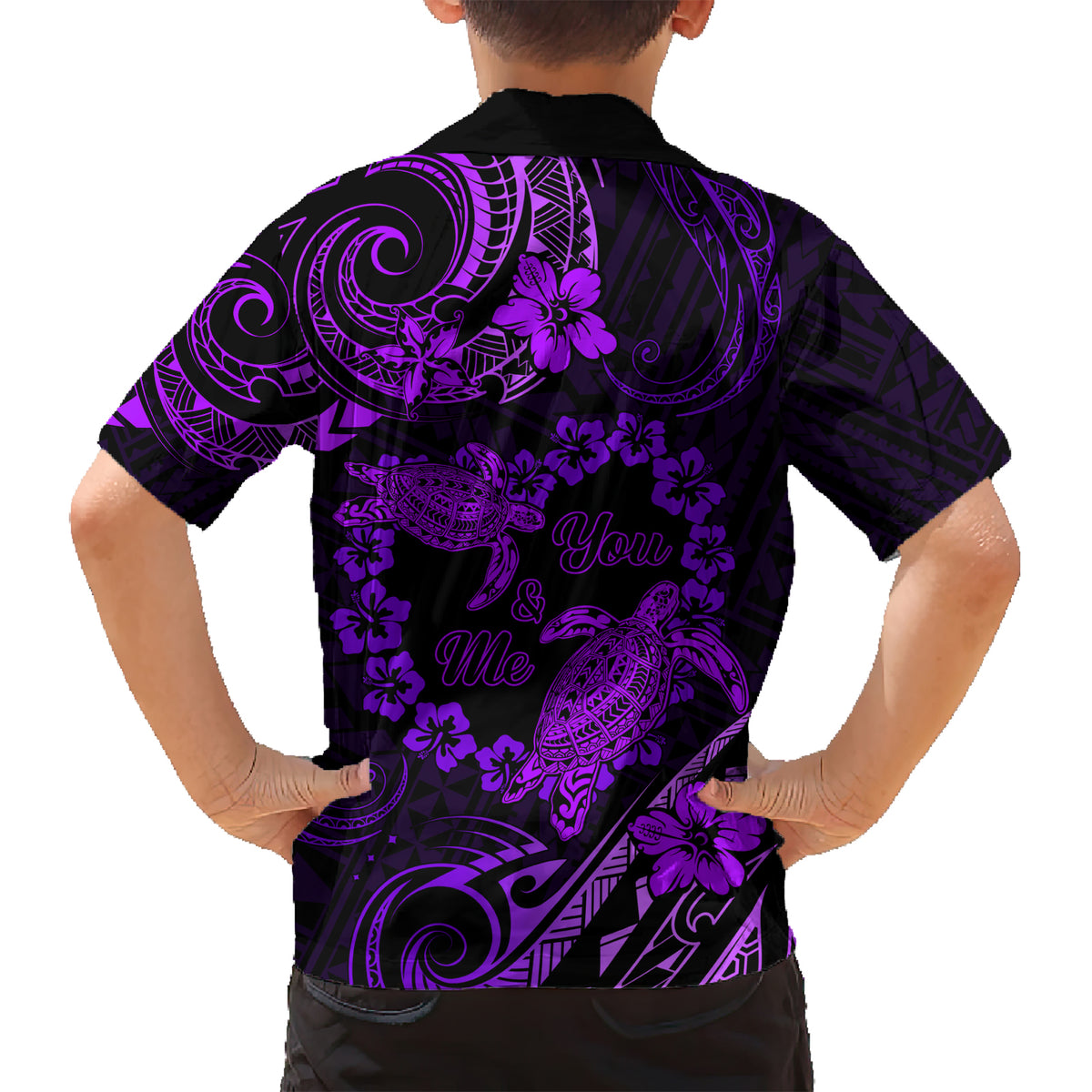 Polynesian Turtle Valentine Family Matching Short Sleeve Bodycon Dress and Hawaiian Shirt You And Me Purple Hibiscus Heart LT01 - Polynesian Pride