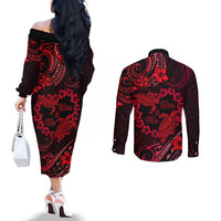 Polynesian Turtle Valentine Couples Matching Off The Shoulder Long Sleeve Dress and Long Sleeve Button Shirt You And Me Red Hibiscus Heart LT01 - Polynesian Pride