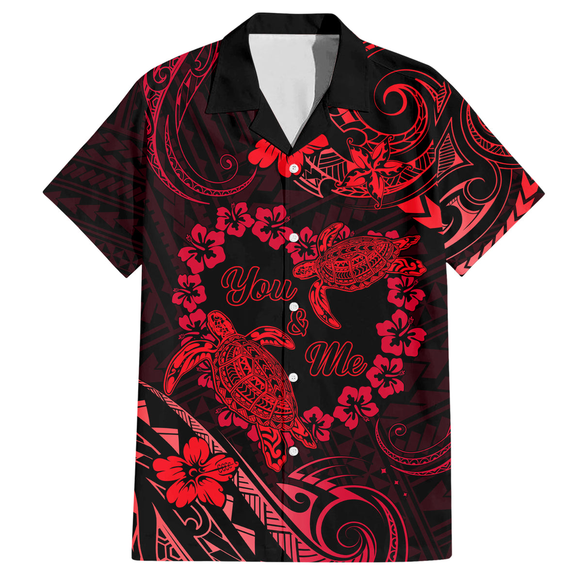 Polynesian Turtle Valentine Family Matching Short Sleeve Bodycon Dress and Hawaiian Shirt You And Me Red Hibiscus Heart LT01 Dad's Shirt - Short Sleeve Red - Polynesian Pride