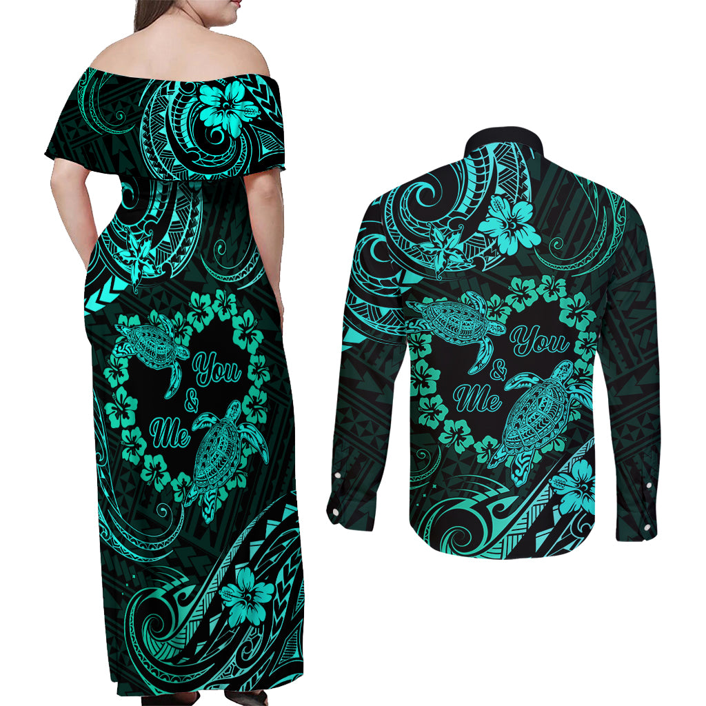 Polynesian Turtle Valentine Couples Matching Off Shoulder Maxi Dress and Long Sleeve Button Shirt You And Me Turquoise Hibiscus Heart LT01 - Polynesian Pride