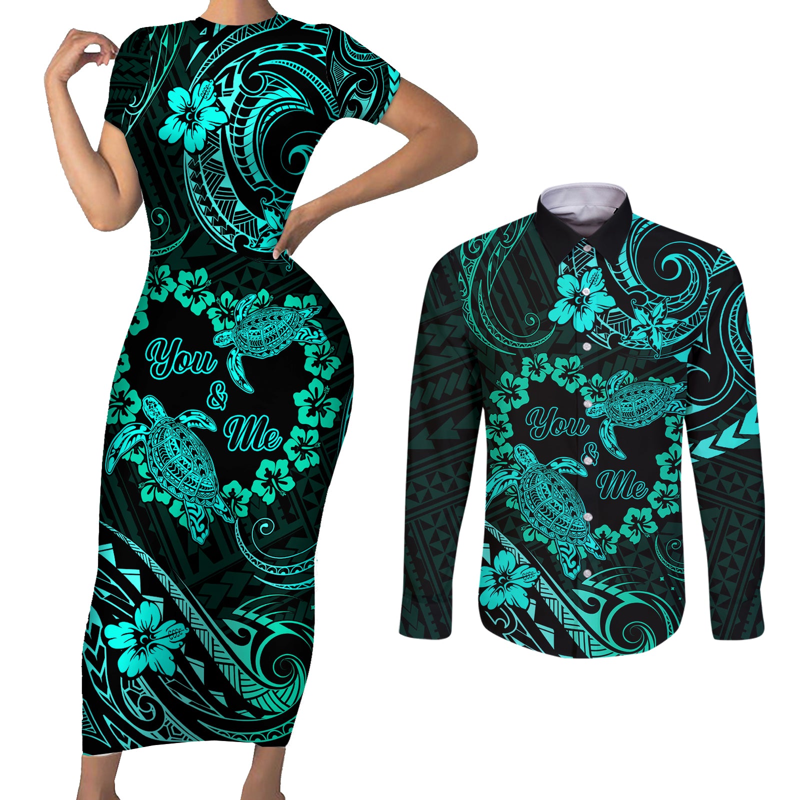 Polynesian Turtle Valentine Couples Matching Short Sleeve Bodycon Dress and Long Sleeve Button Shirt You And Me Turquoise Hibiscus Heart LT01 Turquoise - Polynesian Pride