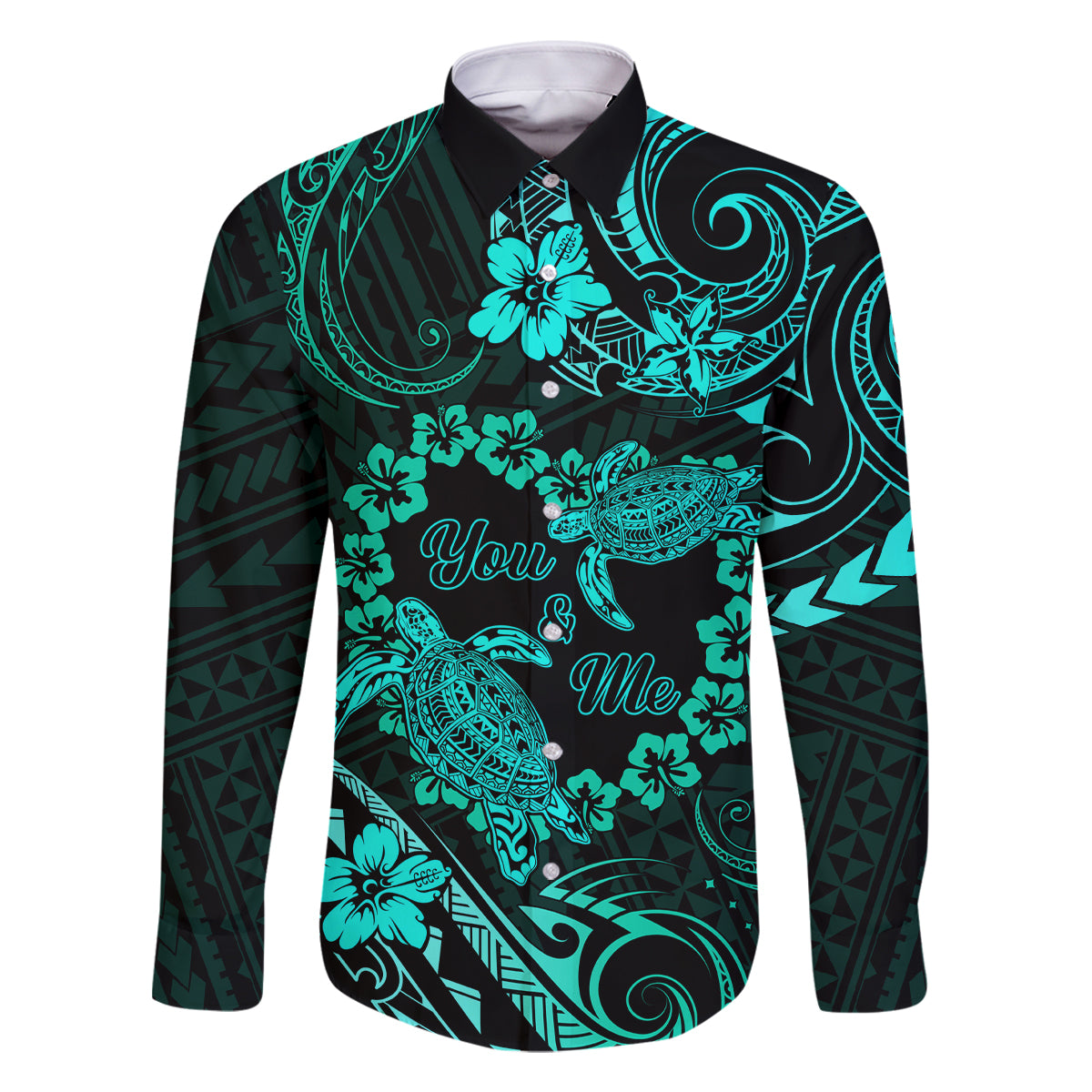 Polynesian Turtle Valentine Family Matching Mermaid Dress and Hawaiian Shirt You And Me Turquoise Hibiscus Heart LT01 Dad's Shirt - Long Sleeve Turquoise - Polynesian Pride