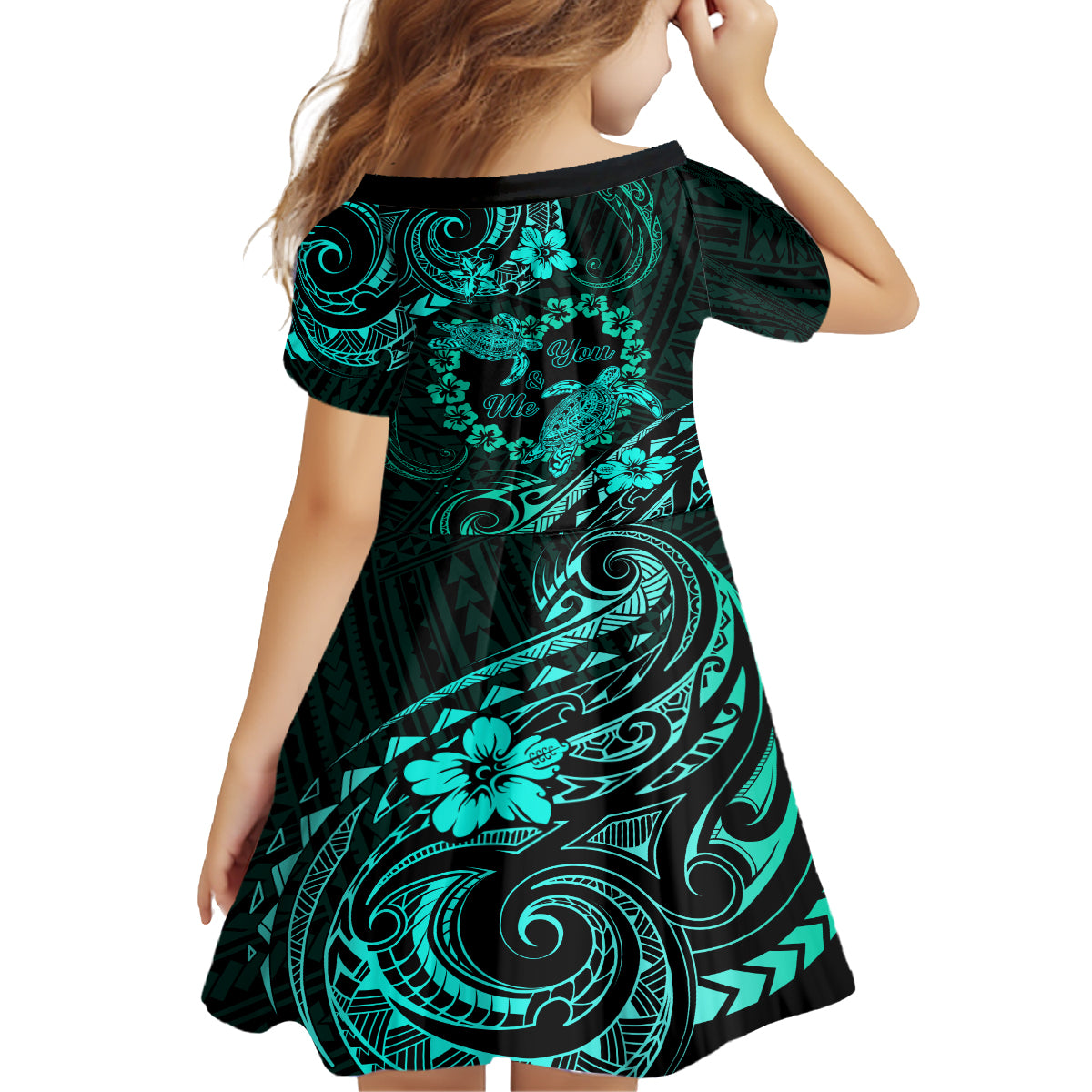 Polynesian Turtle Valentine Family Matching Off Shoulder Long Sleeve Dress and Hawaiian Shirt You And Me Turquoise Hibiscus Heart LT01 - Polynesian Pride
