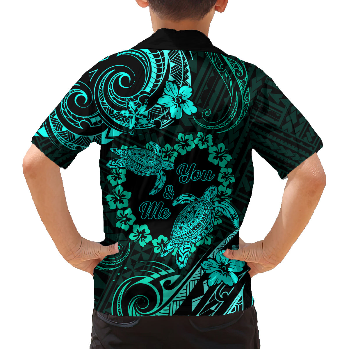 Polynesian Turtle Valentine Family Matching Off Shoulder Short Dress and Hawaiian Shirt You And Me Turquoise Hibiscus Heart LT01 - Polynesian Pride