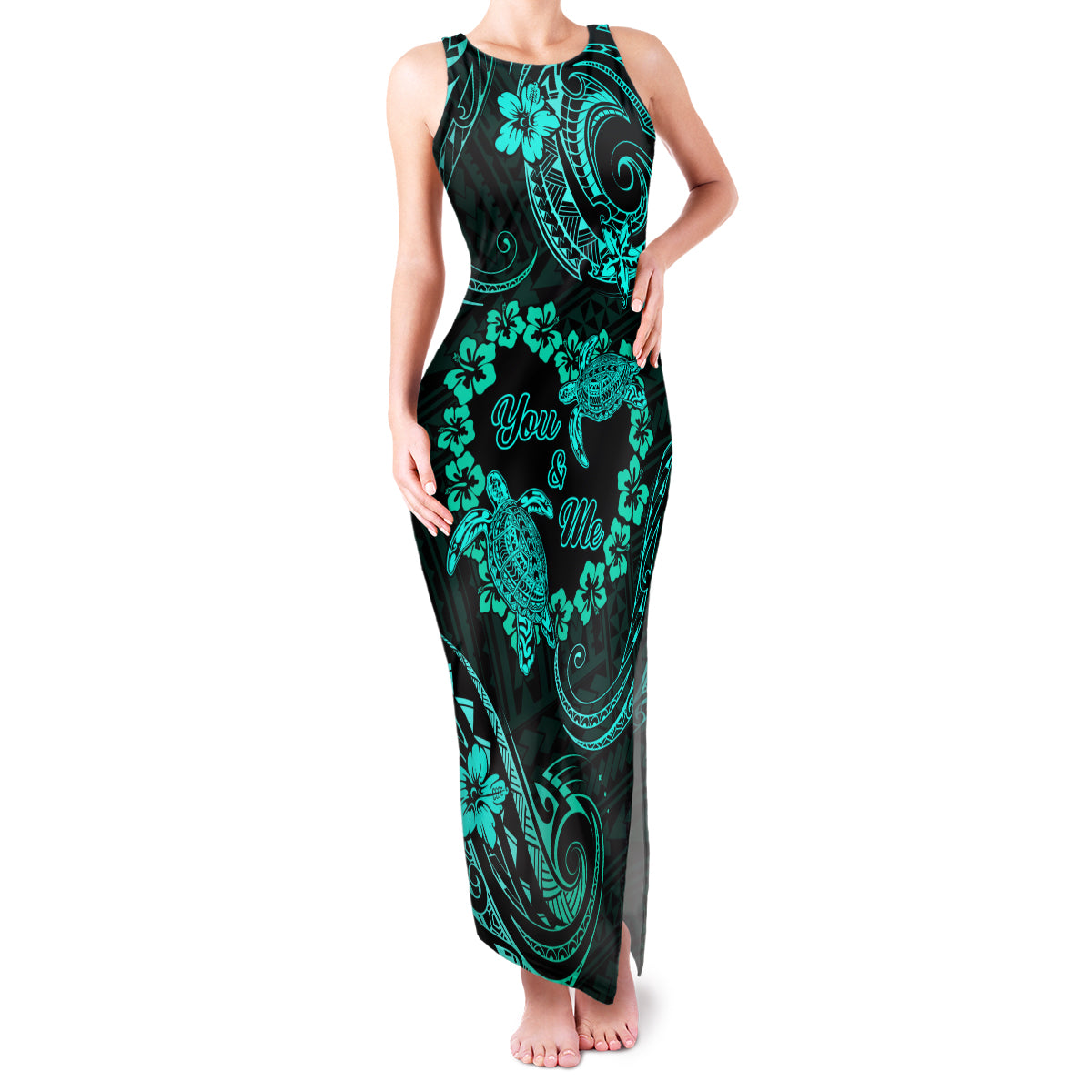 Polynesian Turtle Valentine Family Matching Tank Maxi Dress and Hawaiian Shirt You And Me Turquoise Hibiscus Heart LT01 Mom's Dress Turquoise - Polynesian Pride