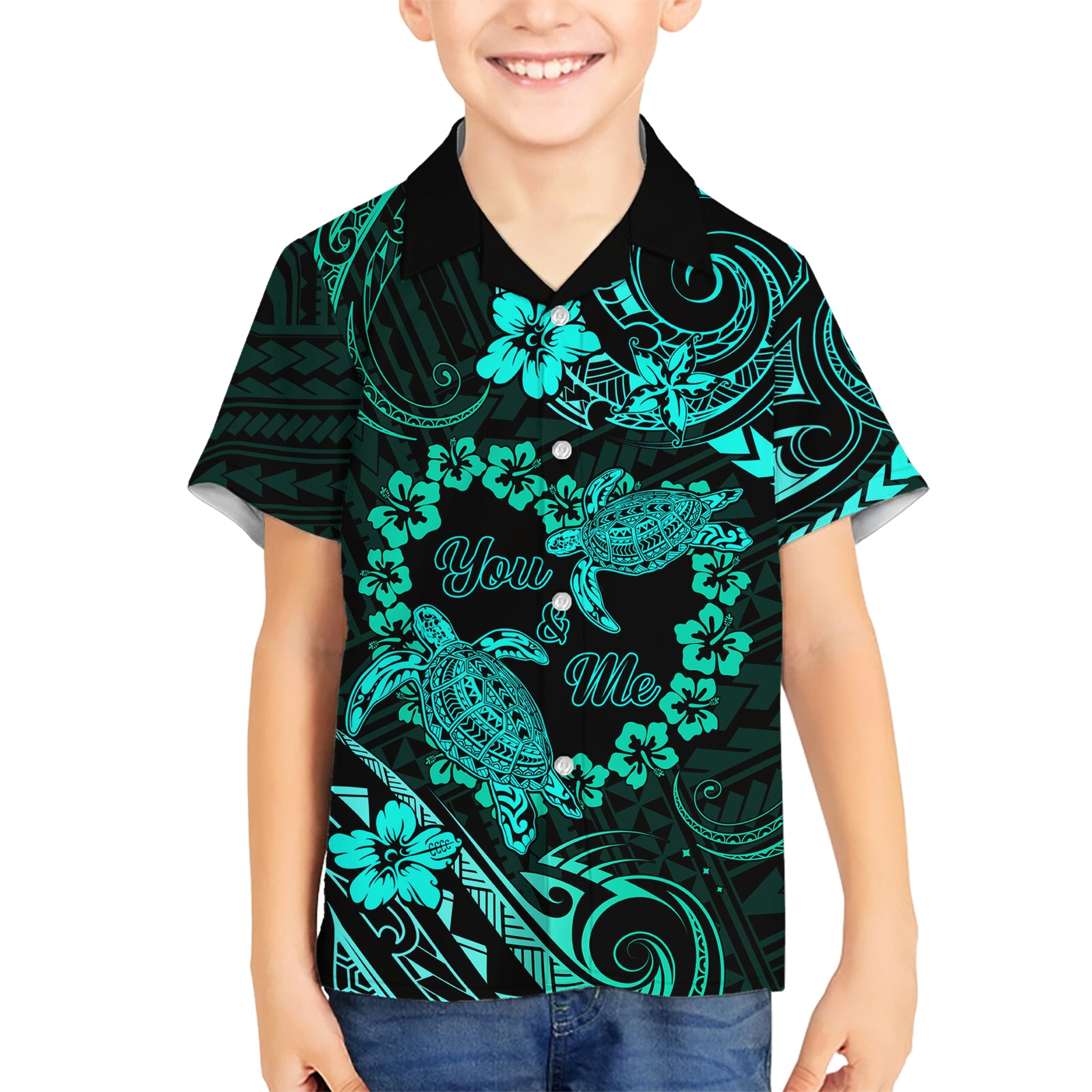 Polynesian Turtle Valentine Kid Hawaiian Shirt You And Me Turquoise Hibiscus Heart LT01 Kid Turquoise - Polynesian Pride