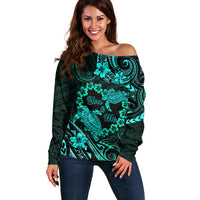 Polynesian Turtle Valentine Off Shoulder Sweater You And Me Turquoise Hibiscus Heart LT01 Women Turquoise - Polynesian Pride