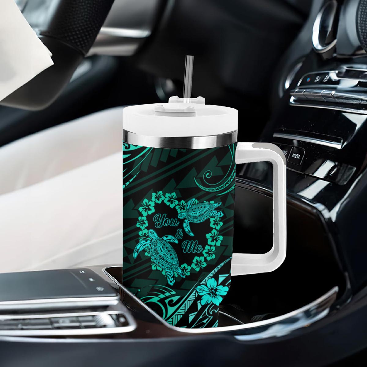 Polynesian Turtle Valentine Tumbler With Handle You And Me Turquoise Hibiscus Heart
