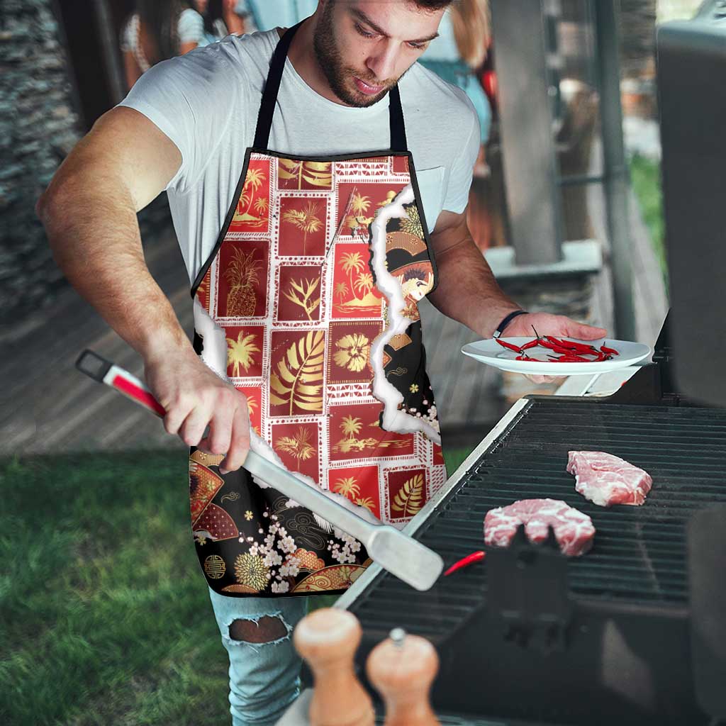 Hawaii Japanese Culture Black Apron Spring Cranes Aloha Pattern