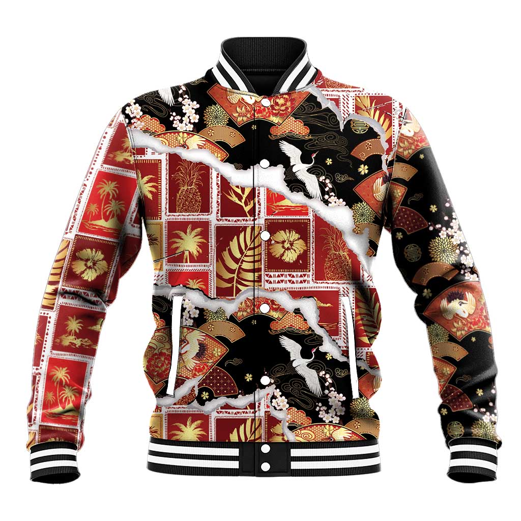 Hawaii Japanese Culture Black Baseball Jacket Spring Cranes Aloha Pattern