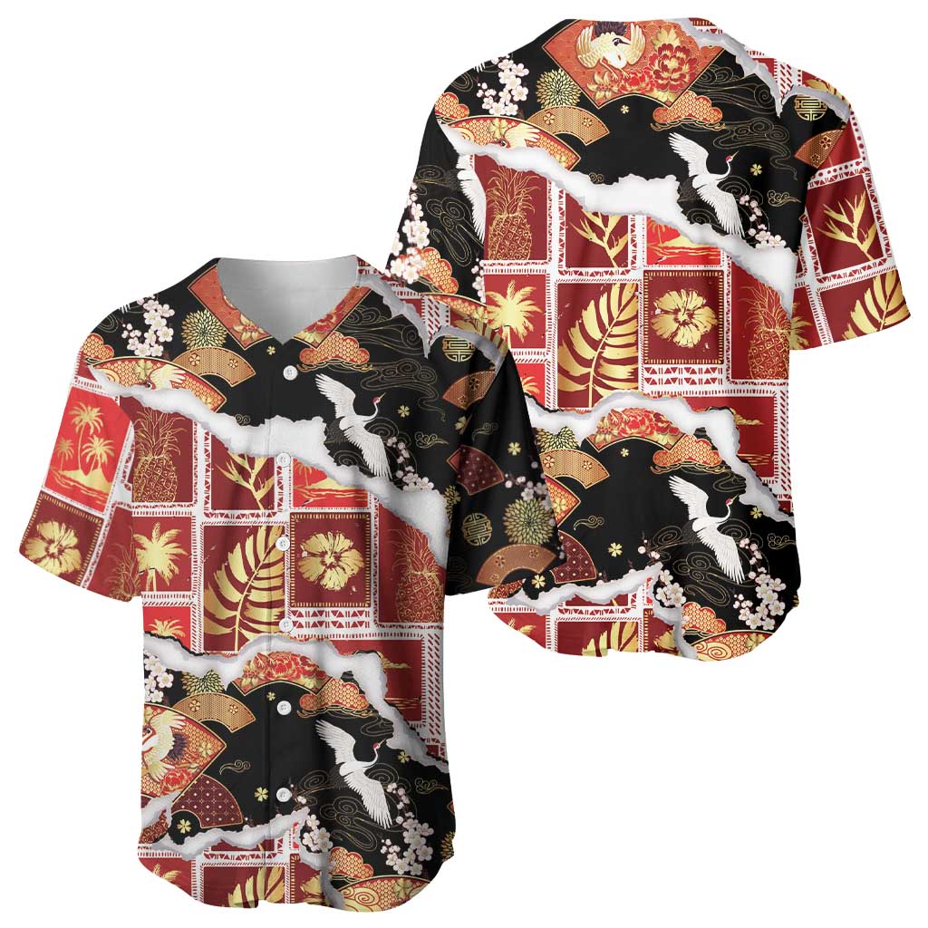 Hawaii Japanese Culture Black Baseball Jersey Spring Cranes Aloha Pattern