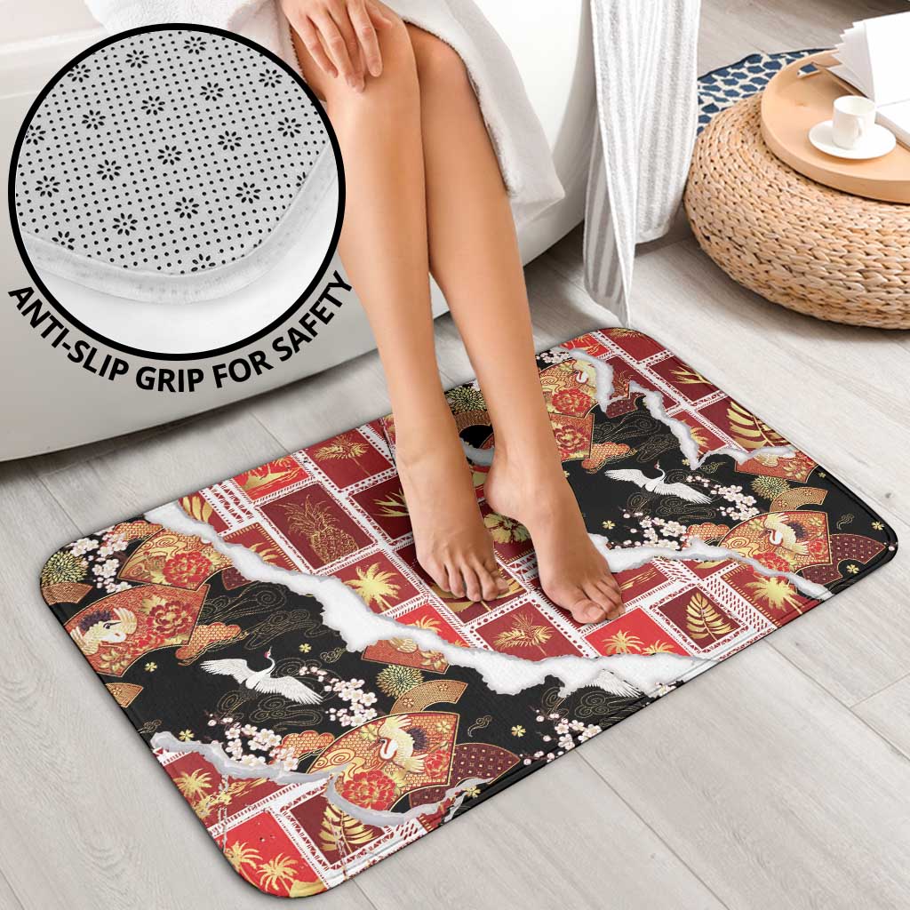 Hawaii Japanese Culture Black Bathroom Set Spring Cranes Aloha Pattern