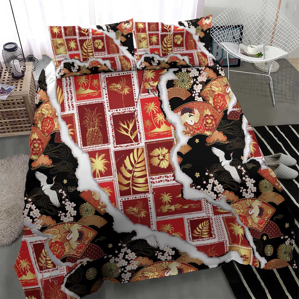 Hawaii Japanese Culture Black Bedding Set Spring Cranes Aloha Pattern