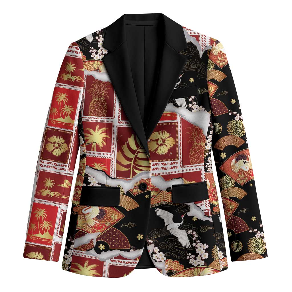 Hawaii Japanese Culture Black Blazer Spring Cranes Aloha Pattern