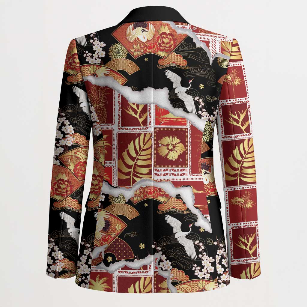 Hawaii Japanese Culture Black Blazer Spring Cranes Aloha Pattern