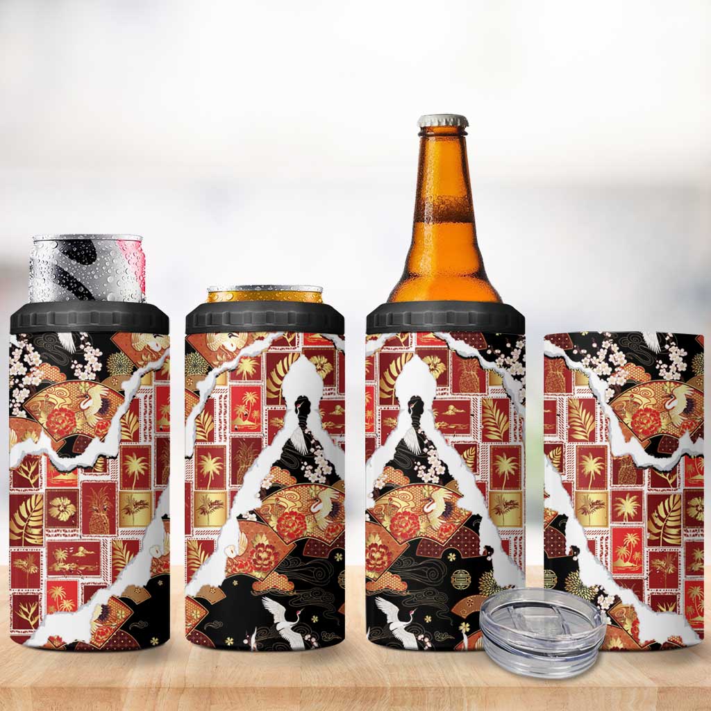 Hawaii Japanese Culture Black 4 in 1 Can Cooler Tumbler Spring Cranes Aloha Pattern