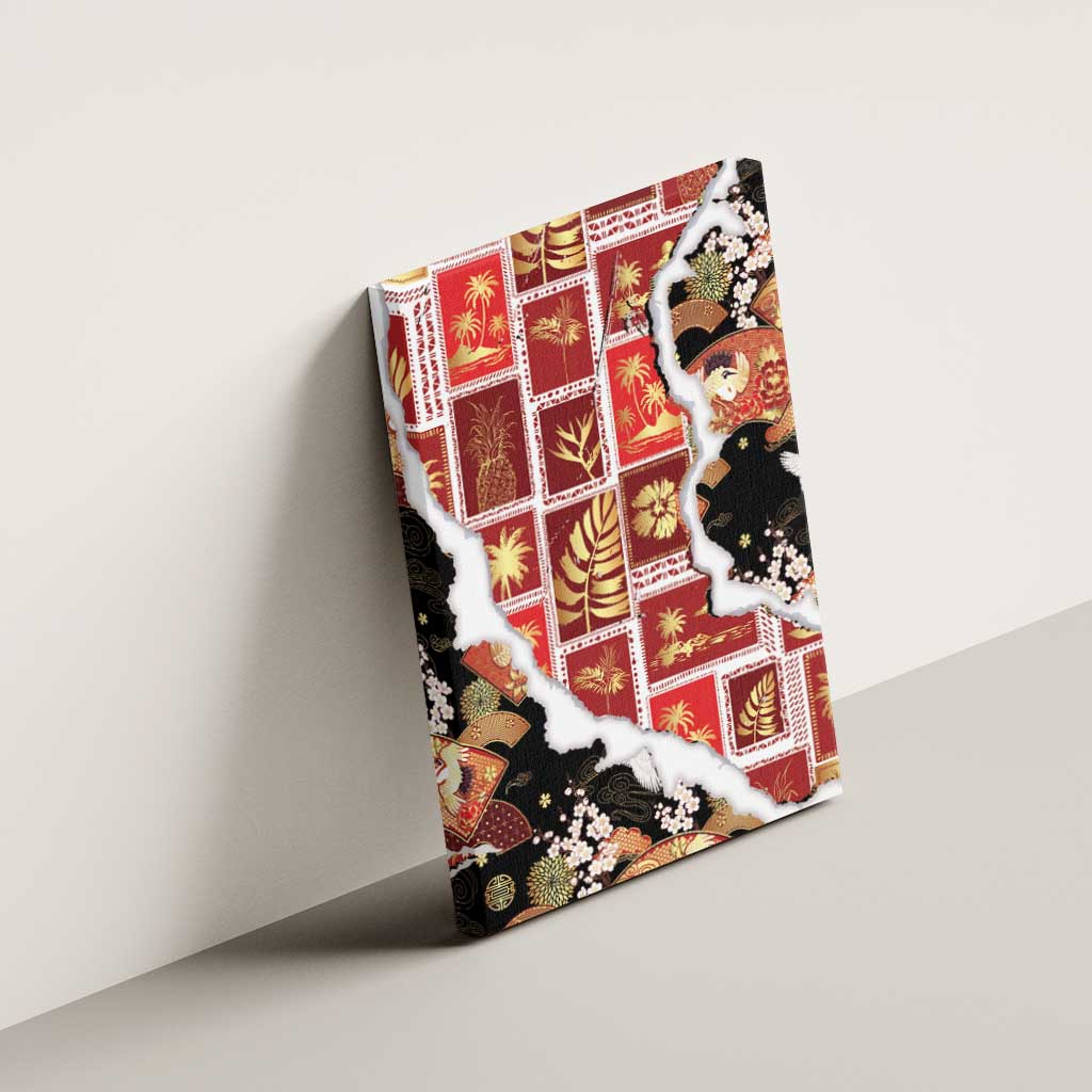 Hawaii Japanese Culture Black Canvas Wall Art Spring Cranes Aloha Pattern