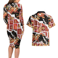 Hawaii Japanese Culture Black Couples Matching Long Sleeve Bodycon Dress and Hawaiian Shirt Spring Cranes Aloha Pattern LT01 - Polynesian Pride