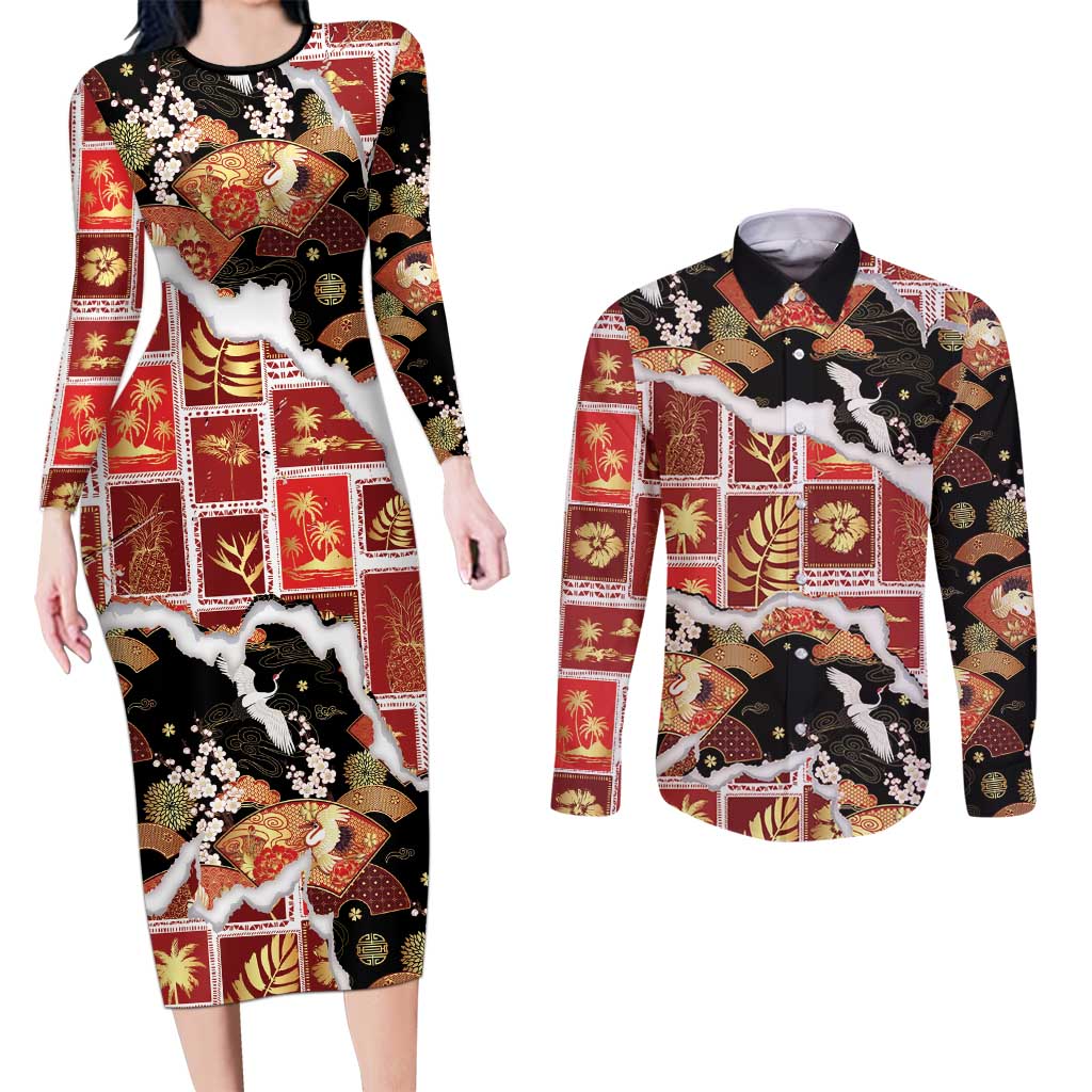 Hawaii Japanese Culture Black Couples Matching Long Sleeve Bodycon Dress and Long Sleeve Button Shirt Spring Cranes Aloha Pattern