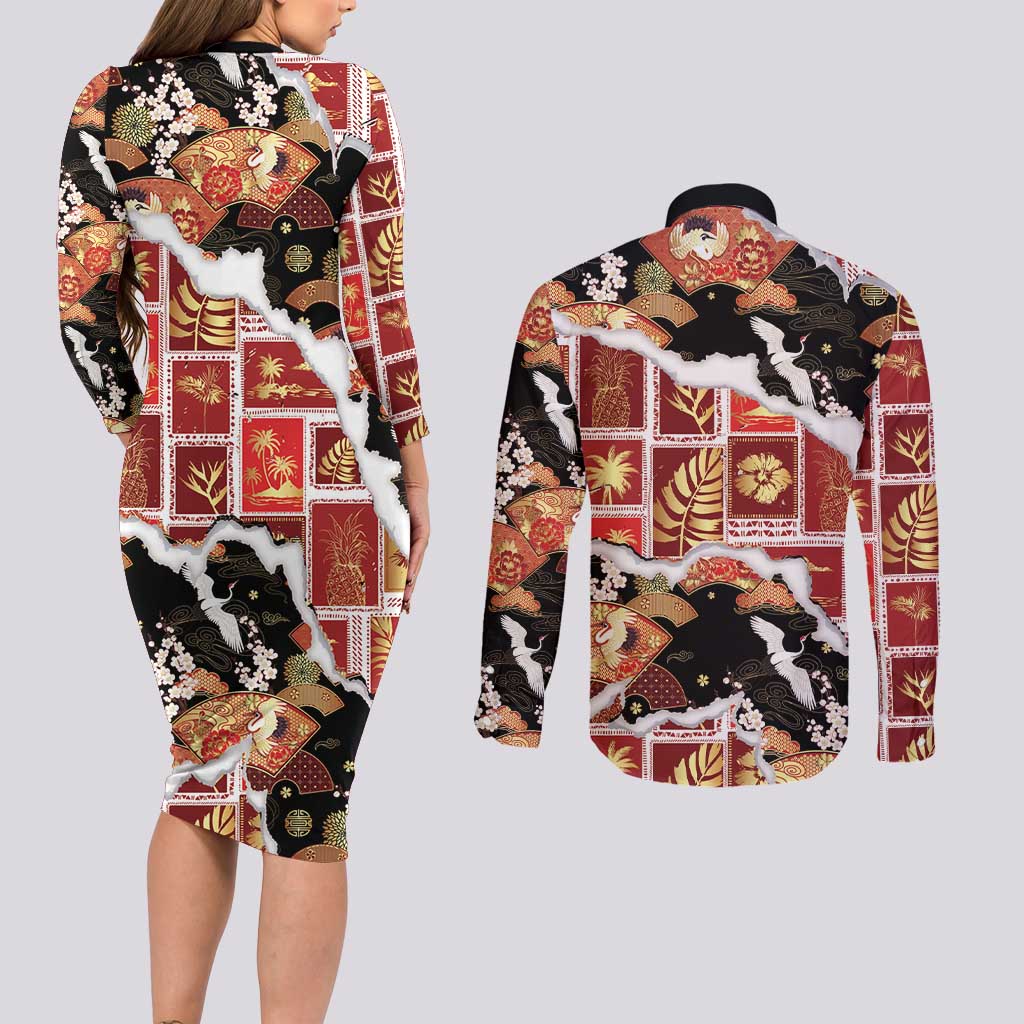 Hawaii Japanese Culture Black Couples Matching Long Sleeve Bodycon Dress and Long Sleeve Button Shirt Spring Cranes Aloha Pattern LT01 - Polynesian Pride