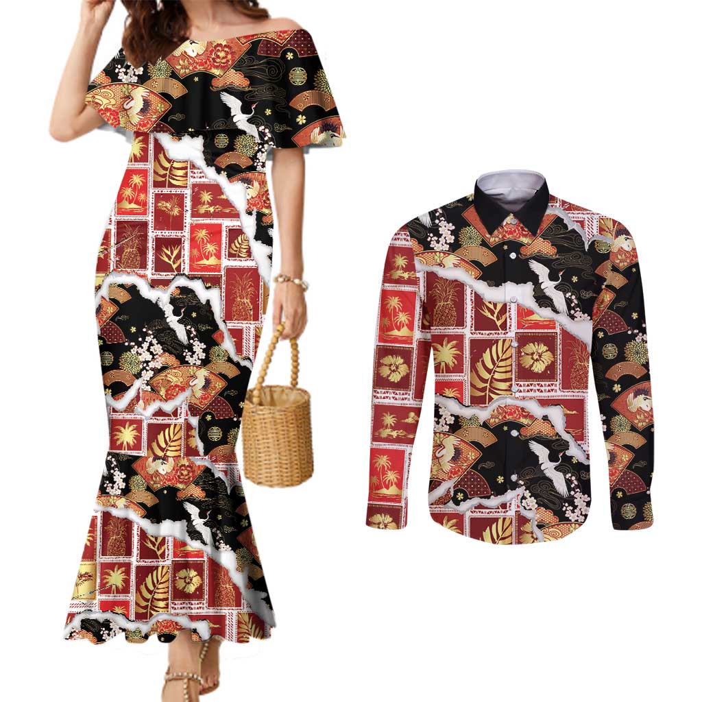 Hawaii Japanese Culture Black Couples Matching Mermaid Dress and Long Sleeve Button Shirt Spring Cranes Aloha Pattern