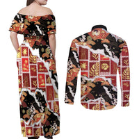 Hawaii Japanese Culture Black Couples Matching Off Shoulder Maxi Dress and Long Sleeve Button Shirt Spring Cranes Aloha Pattern